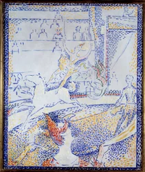 Cirque Une danseuse faisant un numéro acrobatique à cheval et un clown