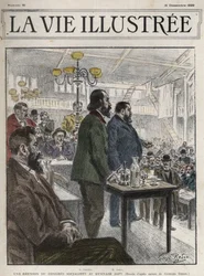 Congrès général des organisations socialistes, tenu à Paris en décembre 1899, au Gymnase Japy - Jean Jaurès (1859-1914) et Eugène Fournier (1857-1914) dessin de Georges Redon - la vie illustrée de 1899