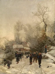 Village avec enfants dans la neige