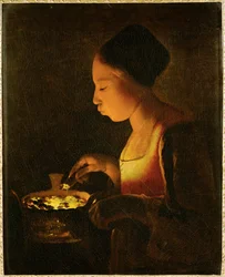 Fille soufflant sur un brasero (peinture sur toile)