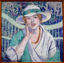 Portrait de dame au chapeau blanc et vert