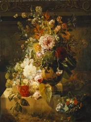 Roses, convolvulus, œillets, roses trémières, pivoines, lilas et autres fleurs dans un vase