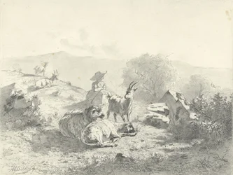 Bergère avec chèvres et moutons dans un paysage montagneux