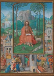 Enluminure de manuscrit avec des scènes de la vie de Saint Jean-Baptiste