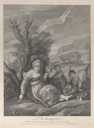 Une paysanne assise dans un paysage avec deux garçons à ses côtés, 1729-40