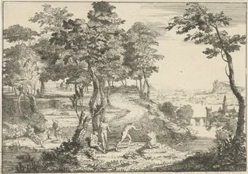 Paysage avec baigneurs et pêcheurs