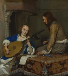 Une femme jouant du théorbe-luth et un cavalier, vers 1658