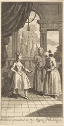 Gulliver présenté à la reine de Babilary, frontispice de Les Voyages de M. ...