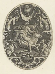 Hercule capture le taureau crétois (Ovale vlakdecoraties met de daden van Hercules in grotesken)