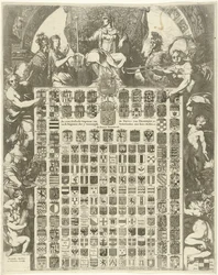 Armoiries du prince Guillaume III dans un cadre allégorique (De LXIIII Geslacht Wapenen van de Prins van Oraenjen etc. et de Wapenen der 7 Vereenigde Nederlanden met hare Steden etc.)