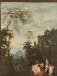 Paysage italien avec trois femmes faisant de la musique