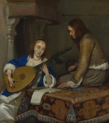 Une femme jouant du théorbe-luth et un cavalier, vers 1658