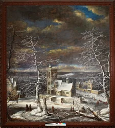 Un village en hiver avec des personnages sur la glace