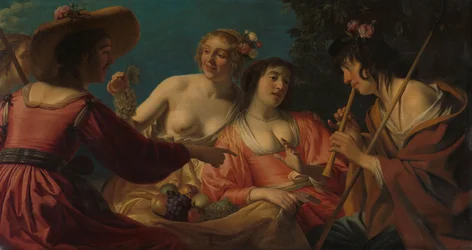 Berger jouant de la flûte et quatre bergères