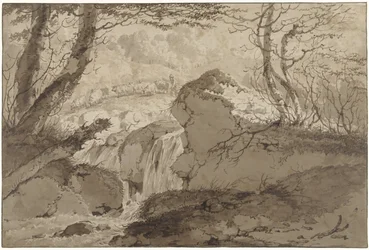 Paysage montagneux avec cascade entre les arbres, où un berger conduit son troupeau