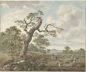 Paysage avec groupe de chasse sur un chemin de campagne