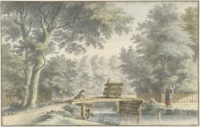 Paysage avec un pont sur lequel un pêcheur