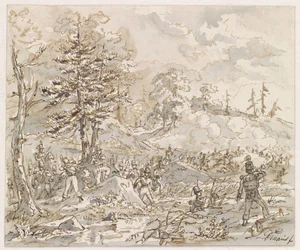 Combat entre cavalerie et infanterie dans un paysage vallonné