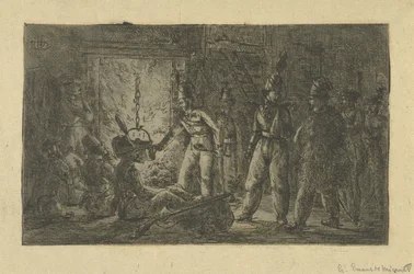 Soldats près du feu