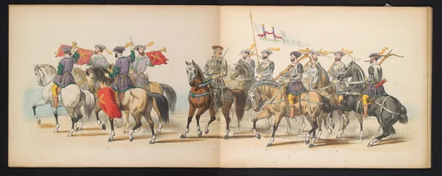 Gecostumeerde optogt gehouden door de leden van het Leidsche studenten-corps den 12den Junij 1855, ter viering van den 280sten verjaardag der Leidsche Hoogeschool, voorstellende de intrede van Karel V binn