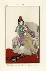 Femme en gilet de soie écossaise, jupe en crêpe de coton
