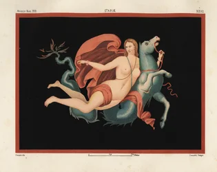 Une Néréide (nymphe de la mer) en manteau et bracelets chevauchant un monstre marin ou hippocampe, moitié cheval et moitié poisson. Museo Naz. XXII, Stabiae. Dessiné et chromolithographié par Victor Steeger de Emile Presuhn (1844-1878) Les Plus Belles Pein