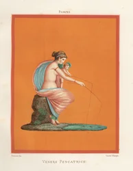 Fresque de Vénus et Cupidon pêchant à la ligne dans un étang. Trouvée dans la Maison des Gladiateurs. Chromolithographie de Victor Steeger d