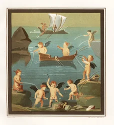 Peinture murale de cupidons jouant, pêchant, naviguant d