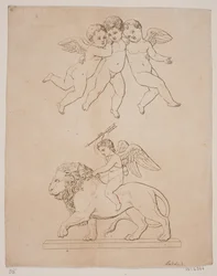 Tableau avec trois amours et en dessous amour sur un lion
