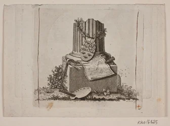 Vignette avec colonne brisée et les armes des trois royaumes nordiques