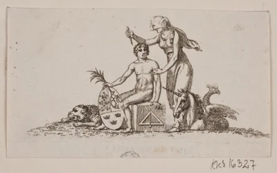 Vignette avec femme, jeune homme assis et licorne