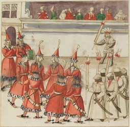 Sept hommes en rouge rassemblés en cercle