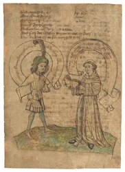 Un frère franciscain et un jeune homme, illustration sur une feuille de Das Spiegelbuch, en moyen haut allemand, Souabe orientale, probablement Augsbourg, vers 1470 (encre sur papier)