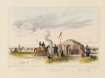 Une famille kalmouke (mongole occidentale) gardant des chevaux, feuille illustrée publiée par Joseph Scholz, Mayence, vers 1860
