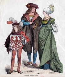 Une famille bourgeoise. Costumes allemands du XVIe siècle du "Munchener Bilderbogen", Allemagne, vers 1880