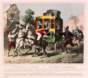 Un couple en lune de miel attaqué par des bandits de grand chemin en Italie, feuille illustrée publiée par Gangel & P. Didion, Metz, vers 1850