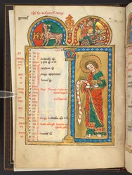 Avril, des 12 pages du calendrier en or et en couleurs, avec des cadres architecturaux contenant chacun un signe du zodiaque, un apôtre et un travail du mois