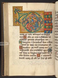 Grandes initiales encadrées en or et en couleurs avec des ornements feuillus et parfois zoomorphes et anthropomorphes (vélin)