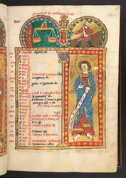 Septembre. 12 pages de calendrier en or et couleurs, avec des cadres architecturaux contenant chacun un signe du zodiaque, un apôtre et un travail du mois. Psautier illuminé avec un calendrier, des cantiques et des litanies pour l