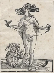 Allégorie de la folie (La femme et le fou) gravure allemande du 16ème siècle.