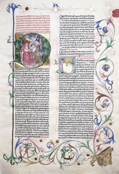 Une page illuminée représentant Saint Jérôme dans son étude, et une bordure incorporant un griffon attaqué par trois hommes, 1470