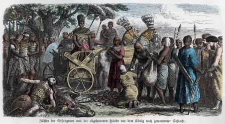 Histoire ancienne. Égypte. Comptage des mains coupées aux prisonniers. Allemand ... (gravure)