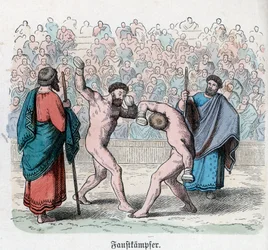 Histoire ancienne. Grèce. Compétitions athlétiques. Combat. Allemand ... (gravure)