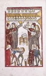 Apothicaires et potions, avec deux garçons se battant au premier plan, 1491