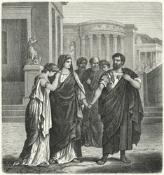 Atilius Regulus se préparant à quitter Rome pour retourner en captivité à Carthage (gravure)