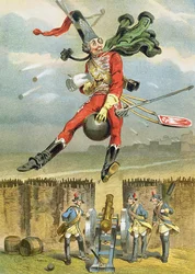 Le baron de Münchhausen volant au-dessus des lignes ennemies sur un boulet de canon, illustration d