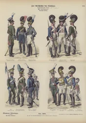 Uniformes militaires bavarois, début du XIXe siècle (gravure en couleur)