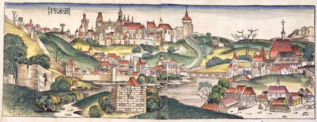 Vue aérienne de Prague, de la Chronique de Nuremberg par Hartmann Schedel (1440-1514) 1493