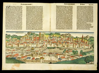 Vue aérienne de Ratisbonne, de la Chronique de Nuremberg par Hartmann Schedel (1440-1514) 1493
