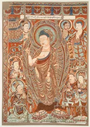 Peinture rupestre montrant le culte du Bouddha Simha, pub. vers 1913